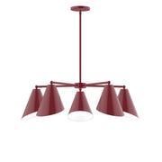 Barn red 5-light chandelier with five cone shades and central hanging rod