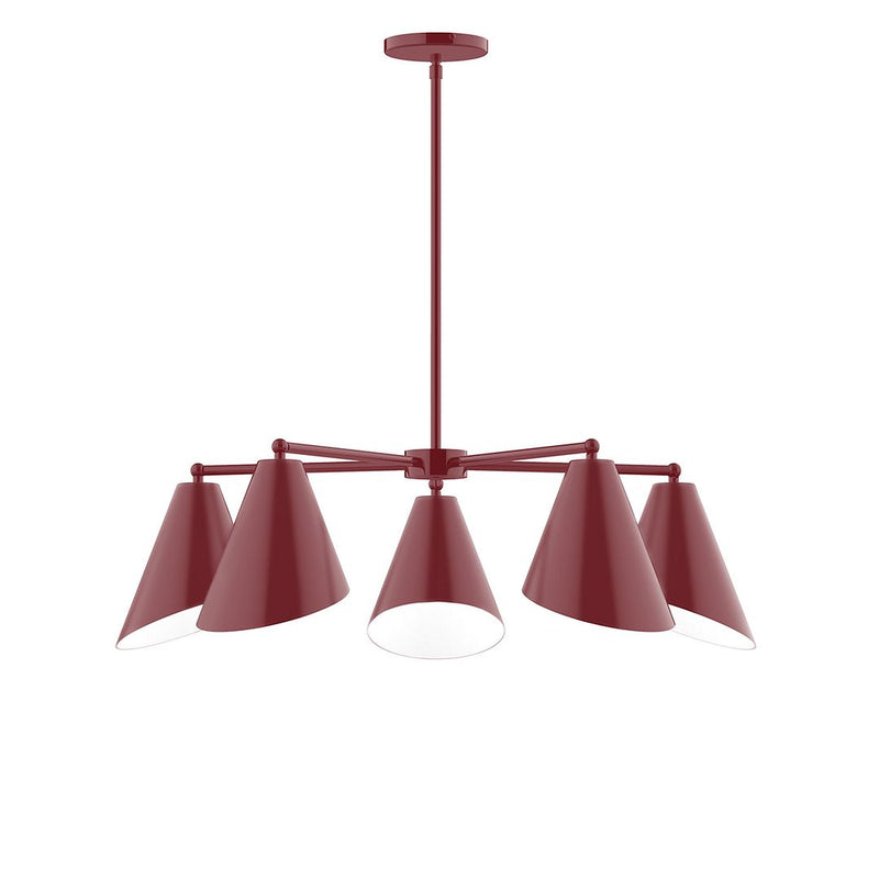 Barn red 5-light chandelier with five cone shades and central hanging rod