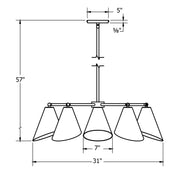 5-light ceiling chandelier diagram with five conical shades, 57 in height