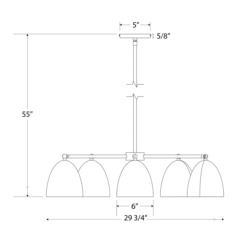 Fern green 5-light LED chandelier with five bell-shaped shades, side profile