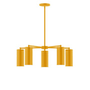 Bright yellow 5-light chandelier with five cylindrical shades and central ceiling canopy