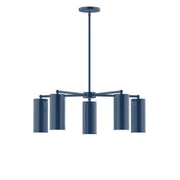 Navy 5-light chandelier with five cylindrical shades on a round ceiling mount