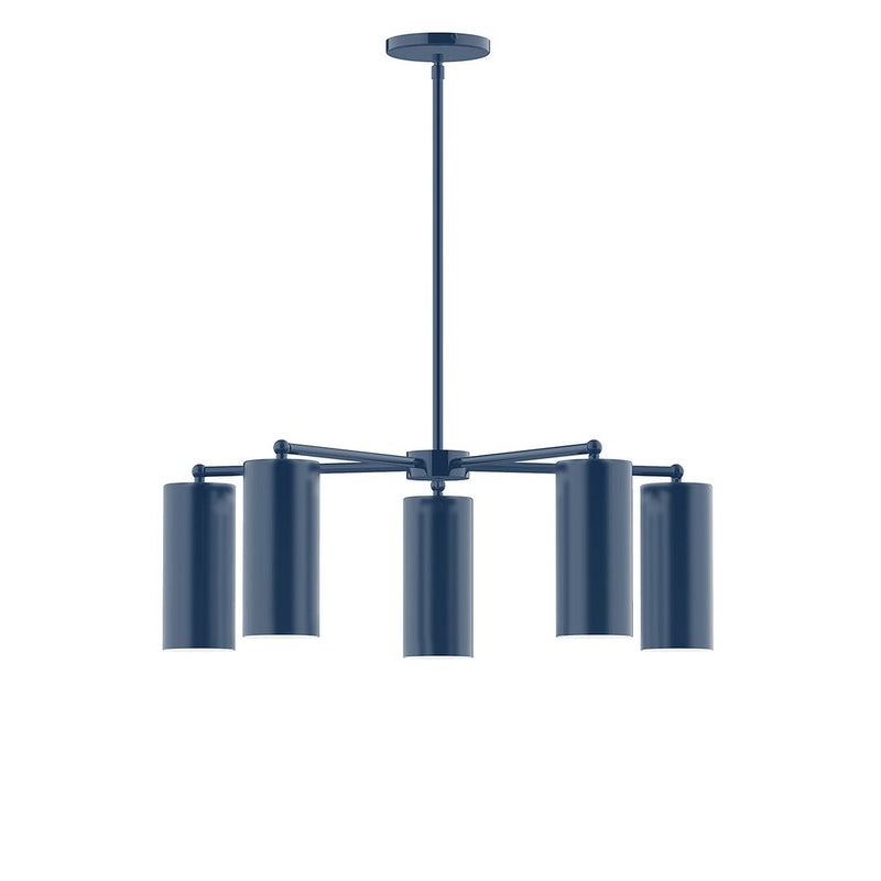 Navy 5-light chandelier with five cylindrical shades on a round ceiling mount