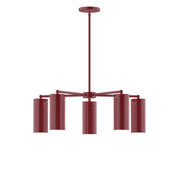 Barn red 5-light LED chandelier with five cylindrical shades and central canopy