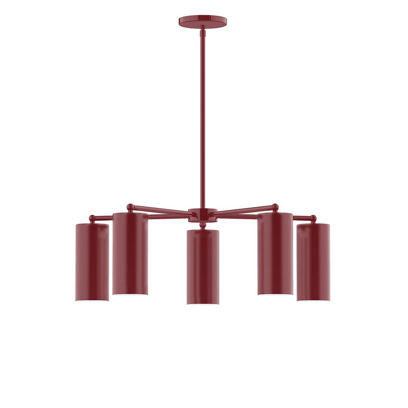 Barn red 5-light LED chandelier with five cylindrical shades and central canopy