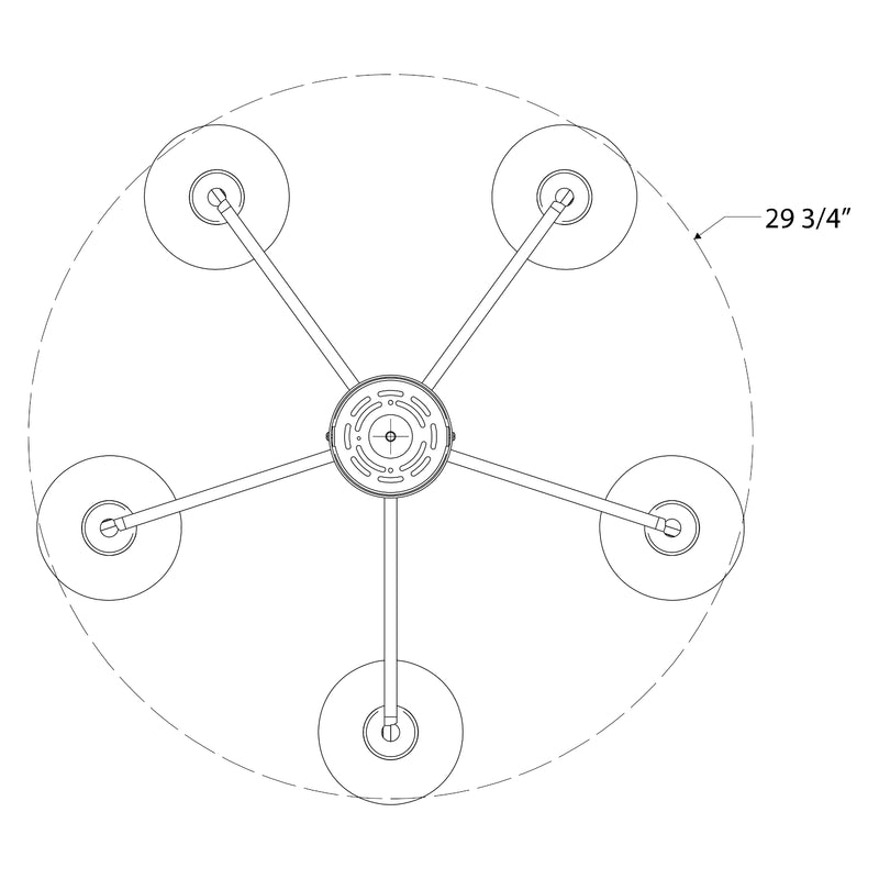 Black 5-light LED chandelier top view with five arms and flared cone shades