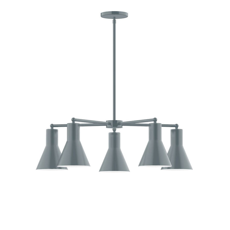 Slate gray LED chandelier with five conical shades and central round canopy