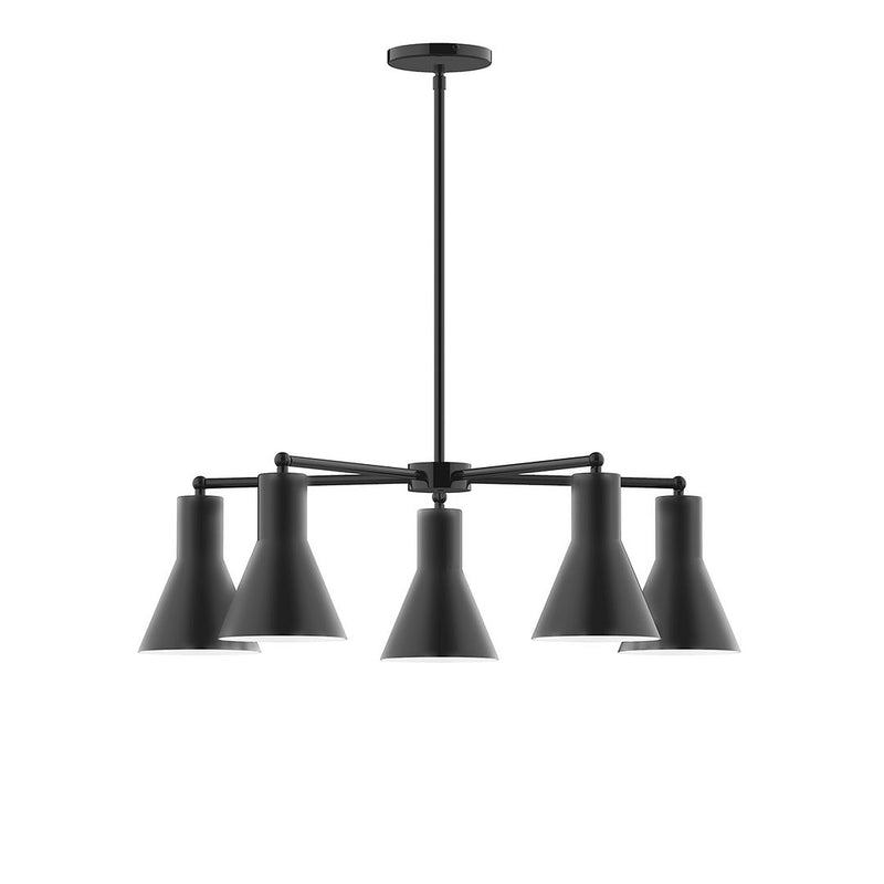 Black 5-light LED chandelier with five flared cone shades and round canopy