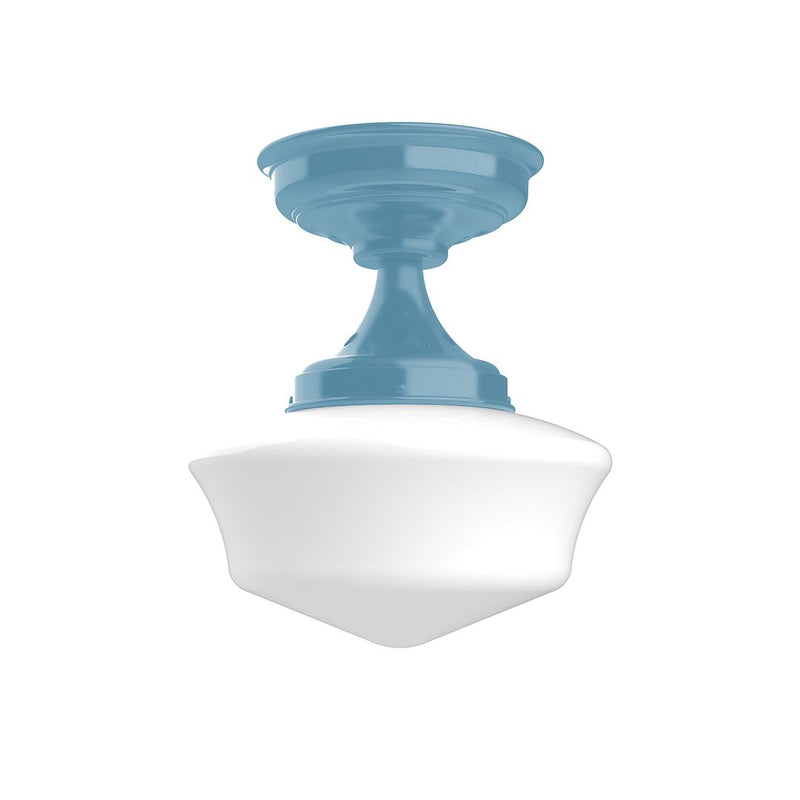 Light blue flush mount ceiling light with bell-shaped white glass shade