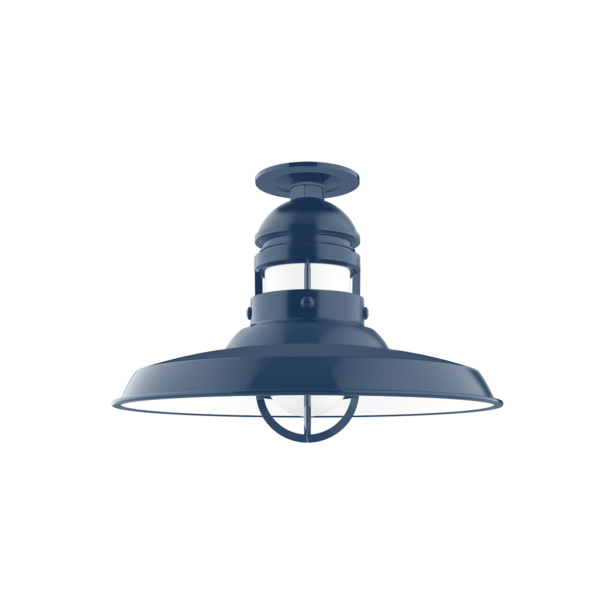 Navy flush mount ceiling light with domed housing and flared metal shade