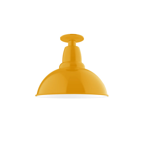 Bright yellow flush mount light with rounded metal dome shade and ceiling canopy