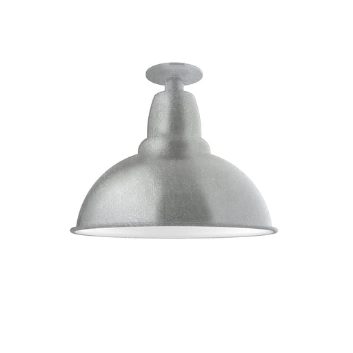 Gray painted galvanized LED flush mount light with wide dome shade and flat ceiling canopy