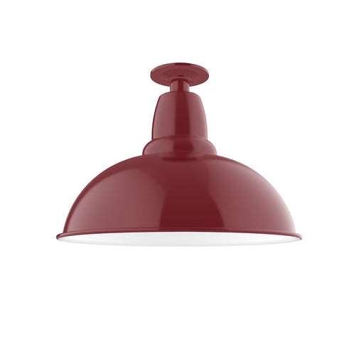 Barn red flush mount ceiling light with domed shade and central mounting stem