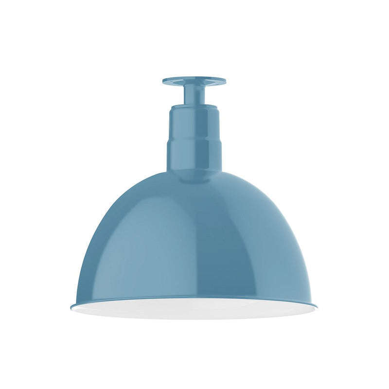 Light blue deep-bowl flush mount ceiling light with domed glass shade