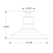 Black flush mount ceiling light, 12 1/8 in wide; 8 3/4 in high; 4 1/8 in