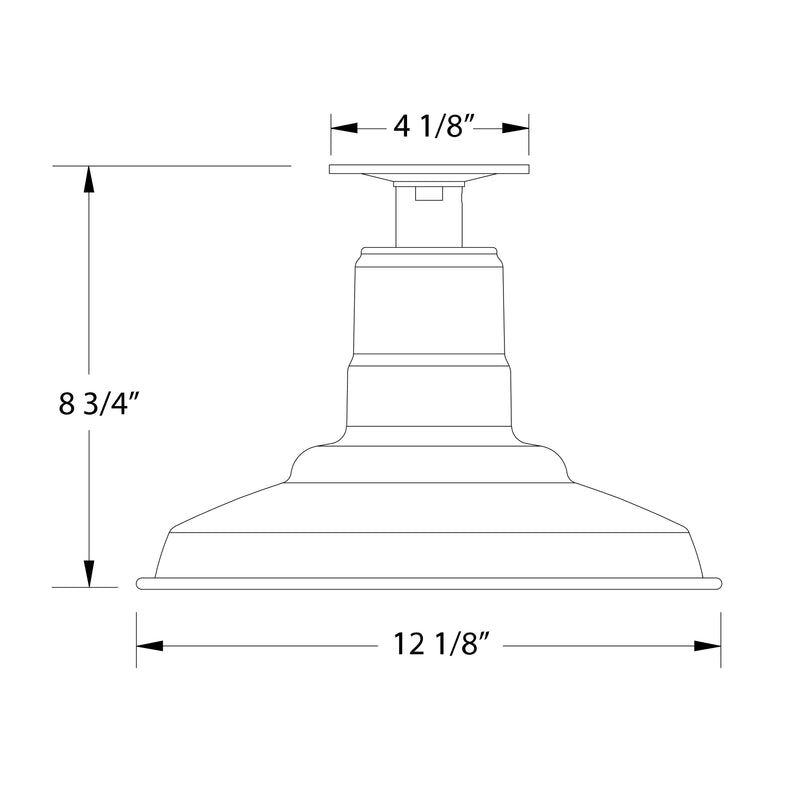 Black flush mount ceiling light, 12 1/8 in wide; 8 3/4 in high; 4 1/8 in