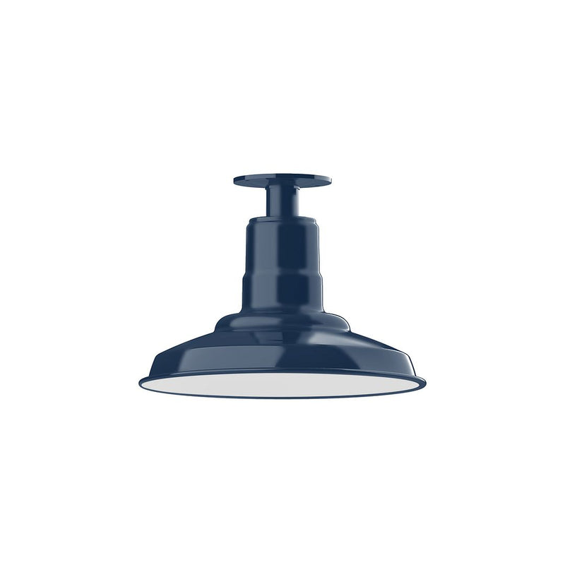 Navy flush mount ceiling light with flared metal dome and white diffuser