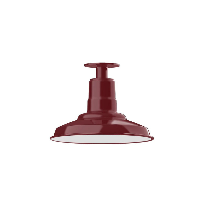 Barn red LED flush mount ceiling light with ribbed dome and round glass diffuser