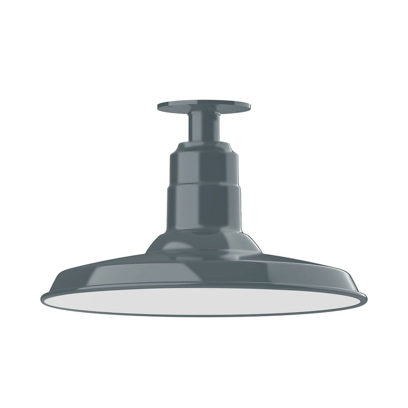 Slate gray LED flush mount ceiling light with wide dome shade and central stem.