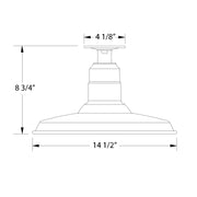 Flush mount ceiling light dimensions: 14 1/2 in wide, 8 3/4 in tall, gray finish