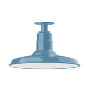 Light blue flush mount ceiling light with domed base and central stem
