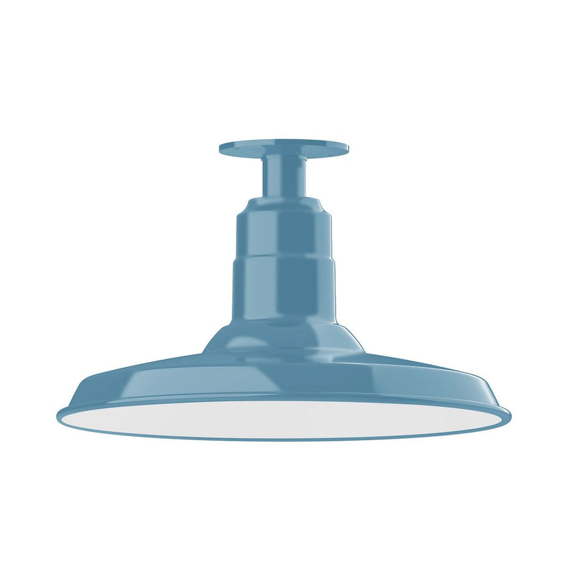 Light blue flush mount ceiling light with domed base and central stem