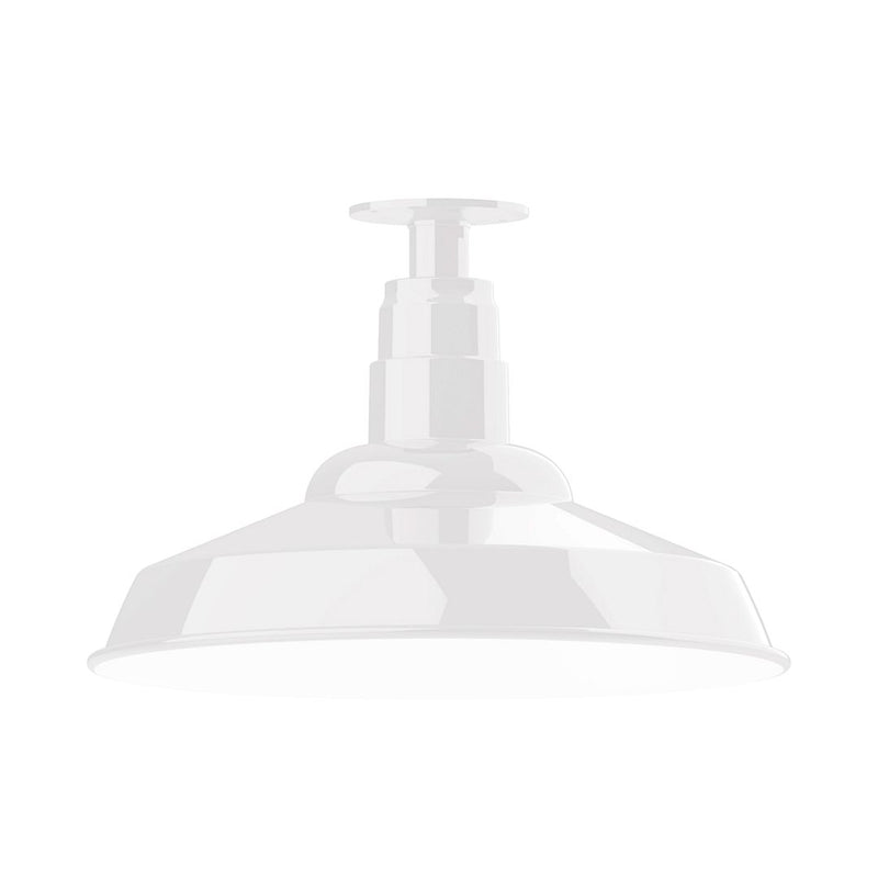 White 16 in flush mount ceiling light with bell-shaped shade and mounting canopy.