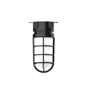 Black flush mount outdoor light with ribbed glass panels and curved guard