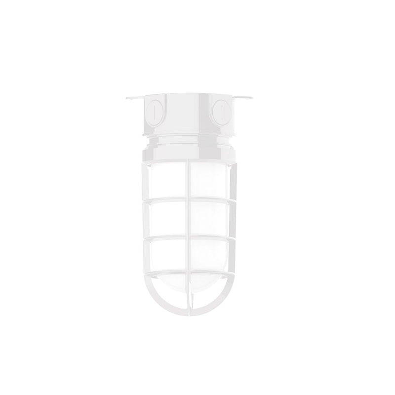 White flush mount light with frosted glass grid and metal guard