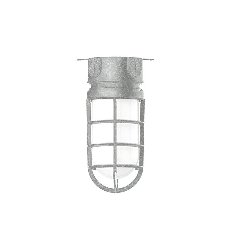 Painted galvanized flush mount lantern with frosted glass cylinder and wire grid