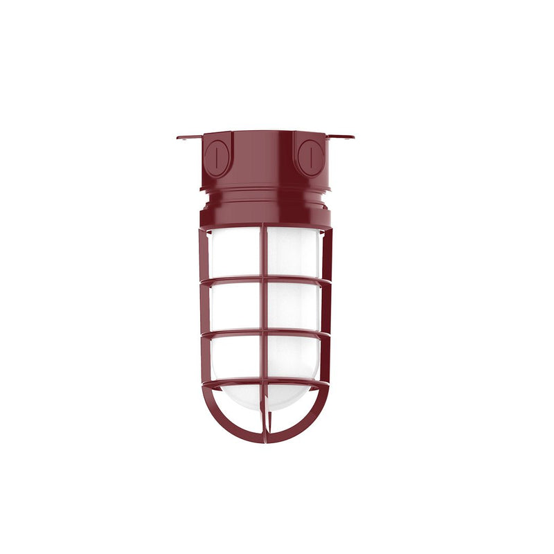 Barn red flush mount outdoor light with frosted glass and metal guard