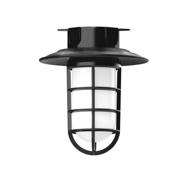 Black flush mount lantern light with frosted glass and arched grid bars