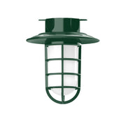 Forest green flush mount lantern light with frosted glass panels and curved base