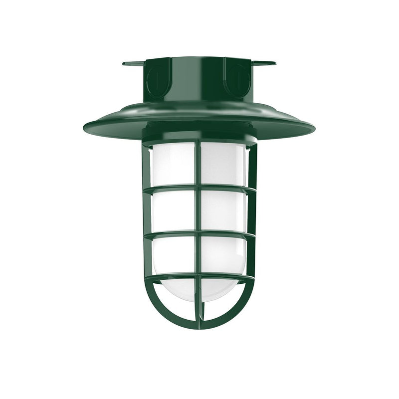 Forest green flush mount lantern light with frosted glass panels and curved base