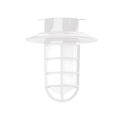 White flush mount outdoor light with frosted glass dome and grid panels