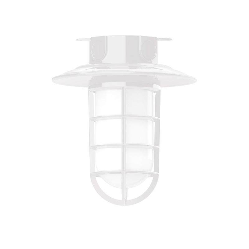 White flush mount outdoor light with frosted glass dome and grid panels