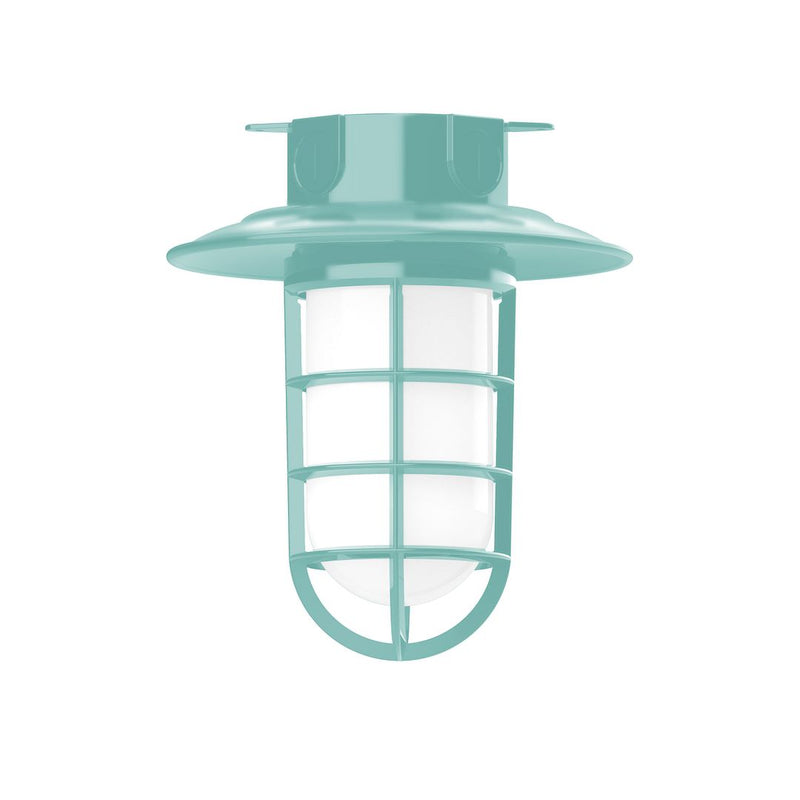 Sea green flush mount lantern with frosted glass panels and domed canopy