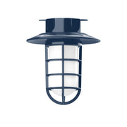 Navy flush mount lantern with curved base and clear glass panes, 1-light