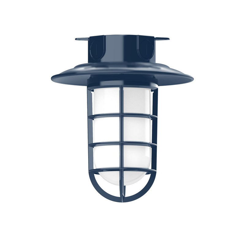 Navy flush mount lantern with curved base and clear glass panes, 1-light