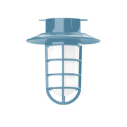 Light blue flush mount ceiling light with frosted glass grid and curved base