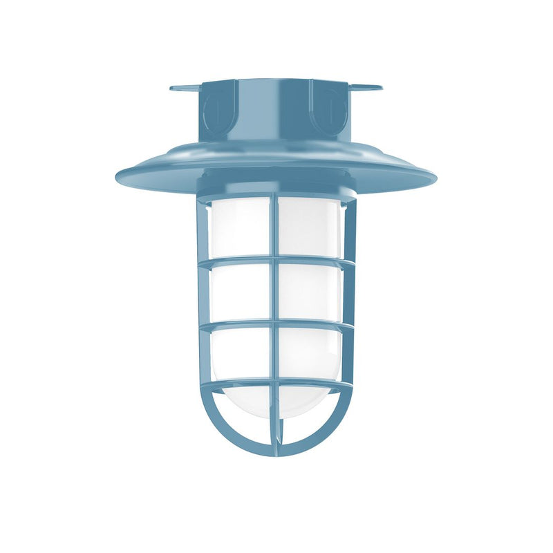 Light blue flush mount ceiling light with frosted glass grid and curved base
