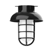 Black flush mount light fixture with domed shade and frosted glass guard