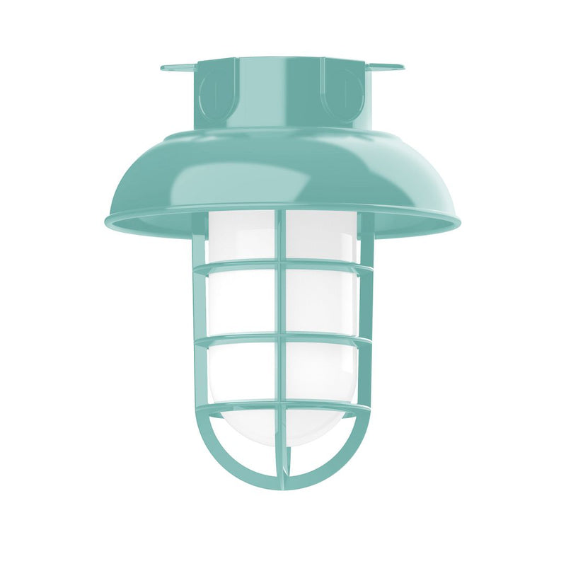 Sea green flush mount ceiling light with frosted glass guard and metal cage