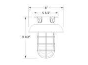 8-inch flush mount outdoor light diagram with domed shade and curved cage guard