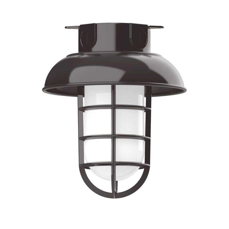 Architectural bronze flush mount light with curved glass shade and metal guard cage