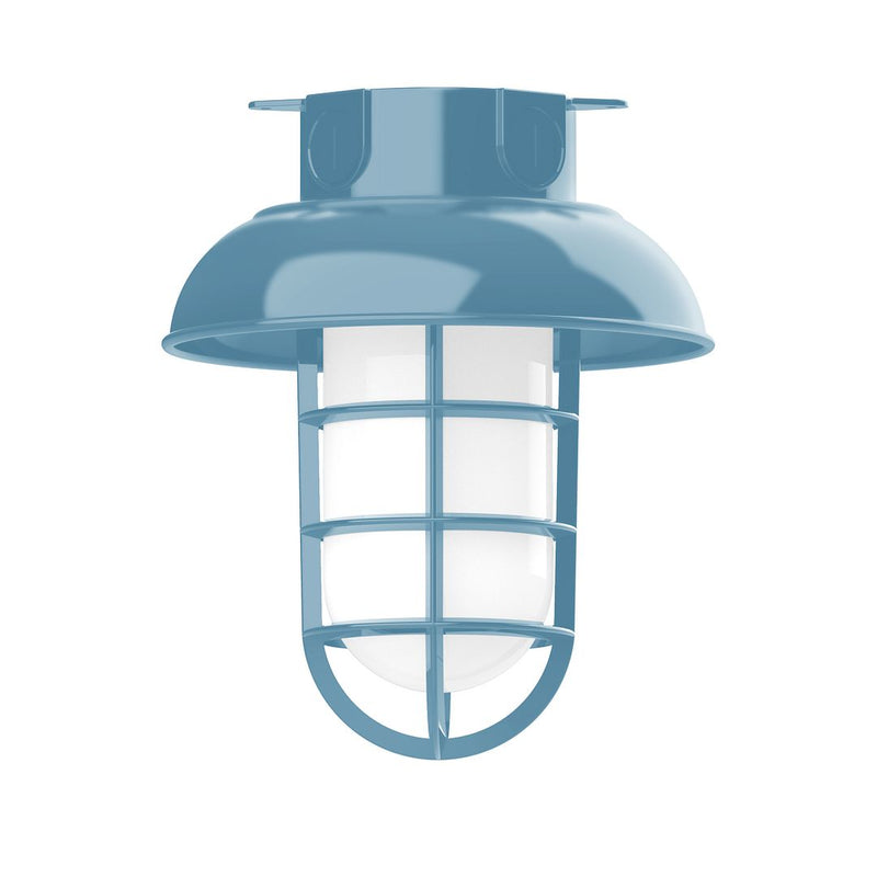 Light blue flush mount ceiling light with frosted glass and protective cage