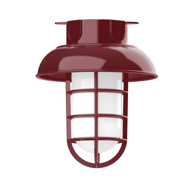 Barn red flush mount outdoor light with dome hood and caged glass lens