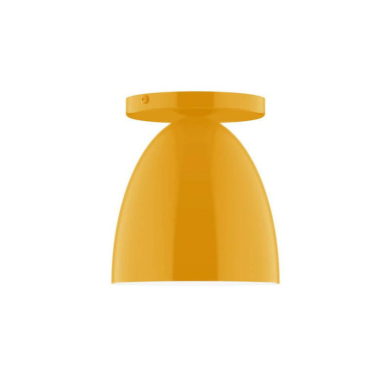 Bright yellow LED flush mount ceiling fixture with shallow dome shade