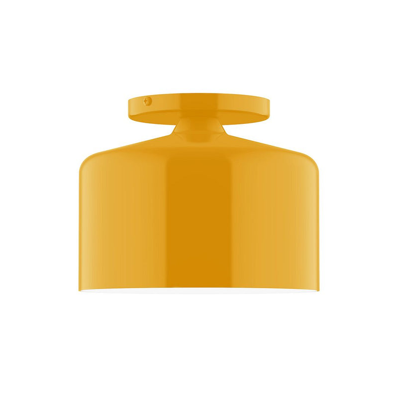 Bright yellow flush mount ceiling light with round base and short shade