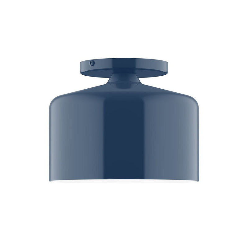 Navy flush mount ceiling light with rounded glass shade and flat top canopy